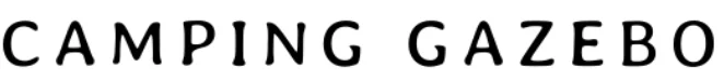 Camping gazebo displayed in bold, playful lettering against a simple background