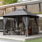 Stylish camping gazebo with gray curtains and seating area in modern backyard setting
