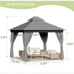 Gray camping gazebo with curtains and seating area dimensions displayed.