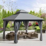 Stylish gray camping gazebo with curtains and outdoor seating area