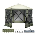 Camping gazebo with mesh sides and accessories for outdoor setup