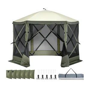 Camping gazebo with mesh sides and accessories for outdoor setup