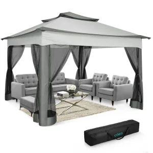 Stylish camping gazebo with gray seating and mesh curtains for outdoor relaxation