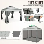 Pop-up waterproof camping gazebo with adjustable height and mesh curtains