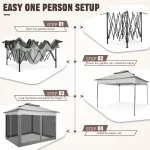 Step-by-step instructions for setting up a camping gazebo with mesh walls.