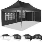 Black camping gazebo with side walls and window designs in various sizes.