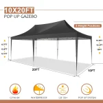 Black 10x20ft camping gazebo with adjustable height positions and waterproof features