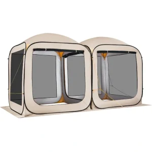 Two-room camping gazebo with mesh windows and beige fabric design