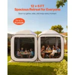 Spacious camping gazebo accommodating up to 10 people enjoying a meal outdoors