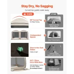 Camping gazebo features curved top design preventing water pooling and providing two independent spaces.