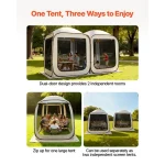 Camping gazebo with dual-door design and two independent rooms for outdoor gatherings