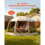 Spacious camping gazebo accommodating six people enjoying a meal outdoors