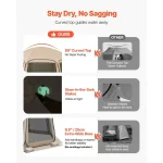 Camping gazebo features curved top design to prevent water pooling and glow-in-the-dark stakes for nighttime visibility