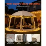 Camping gazebo with four reinforced poles, providing a cozy outdoor dining space at night.