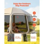 Camping gazebo with waterproof fabric and mesh, providing shade for family playing outdoors.