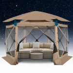 Camping gazebo with beige canopy and comfortable seating area under starry night sky