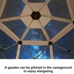 Camping gazebo with clear roof showcasing a starry night sky for stargazing