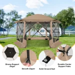 Camping gazebo with mesh sides and a sturdy frame set up by a lake.