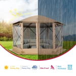 Camping gazebo with mesh sides, providing shade and protection from rain in outdoor setting