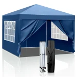 Blue camping gazebo with open sides and carrying bag displayed beside it