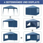Blue camping gazebo with adjustable side walls and display options.