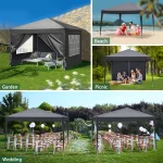 Camping gazebo set up in garden, beach, and picnic settings with people enjoying events.